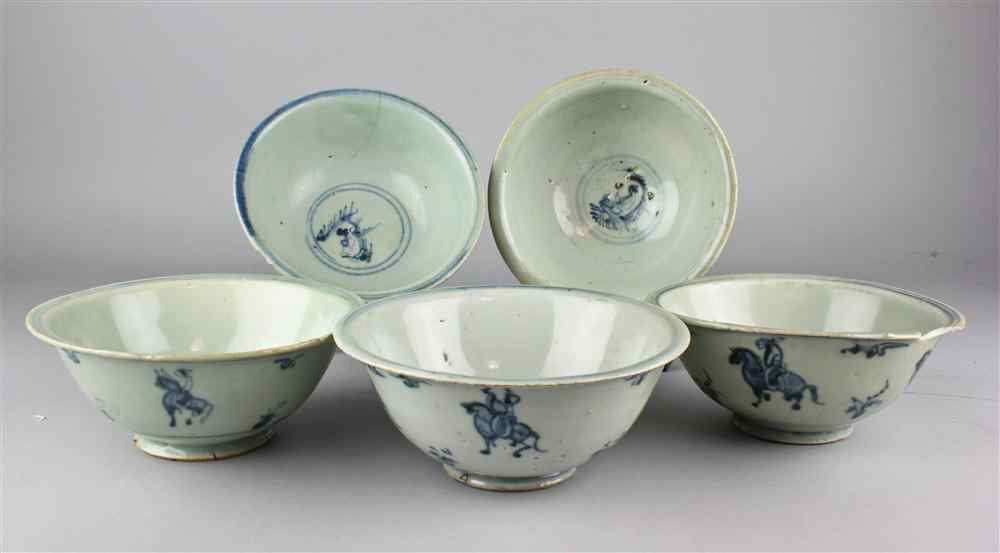 Appraisal: UNDERGLAZE BLUE AND WHITE EQUESTRIAN BOWLS MING DYNASTY each with