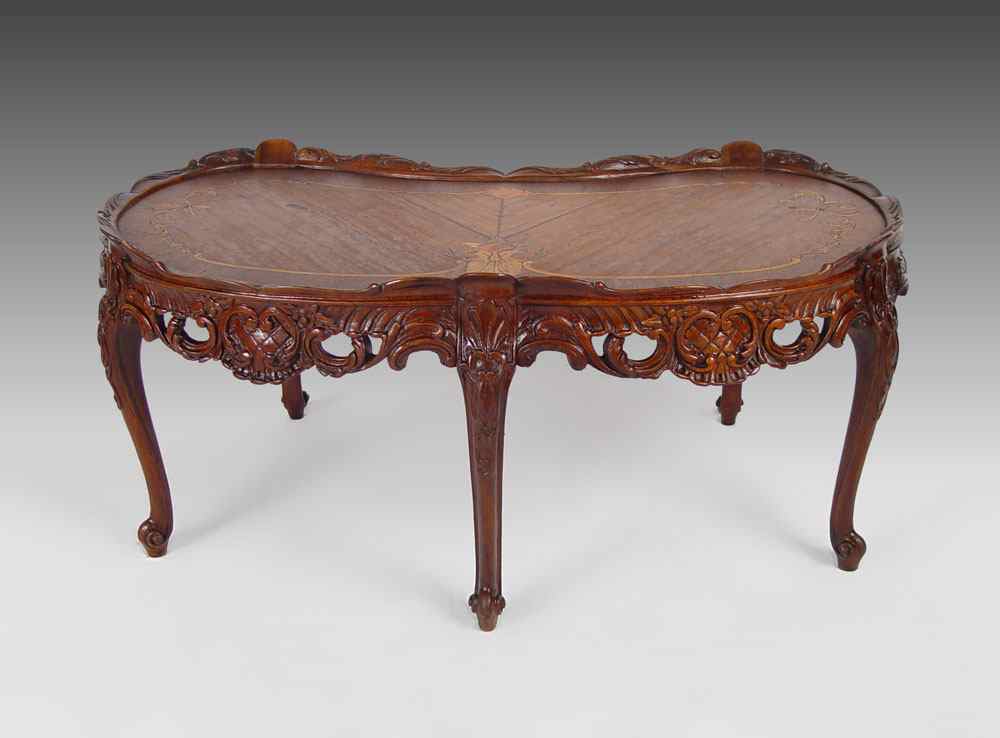 Appraisal: KIDNEY SHAPED INLAID WALNUT COFFEE TABLE Bell flower and floral