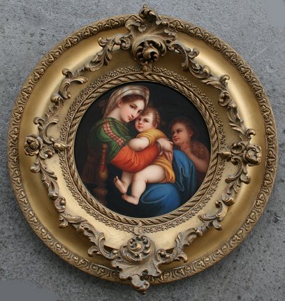 Appraisal: MADONNA DELLA SEDIA GERMAN PAINTING ON PORCELAIN '' diameter titled