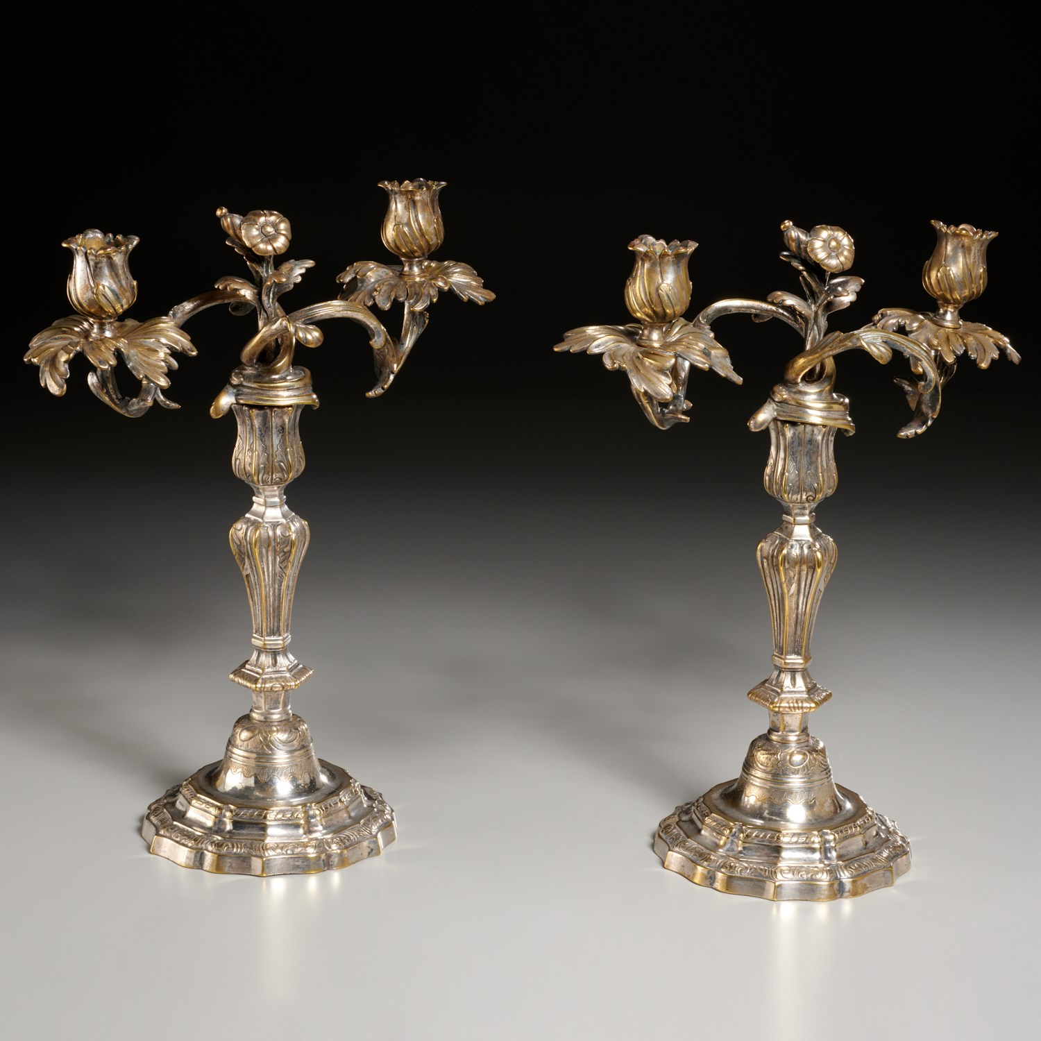 Appraisal: PAIR CONTINENTAL SILVERED BRONZE CANDELABRA th c two-arm candelabra in