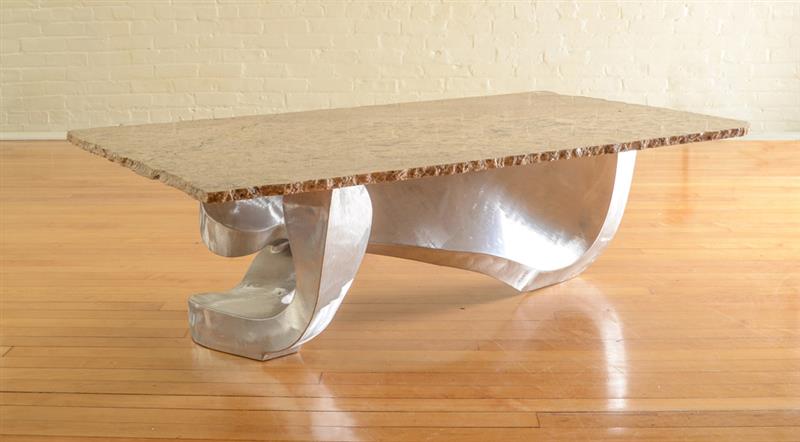 Appraisal: BILL BARRETT b UNTITLED COFFEE TABLE Brushed aluminum and marble