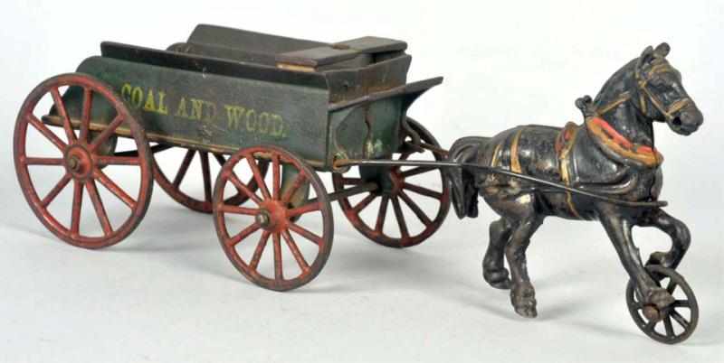 Appraisal: Cast Iron Horse-Drawn Coal Wood Wagon Toy American Stenciled Coal