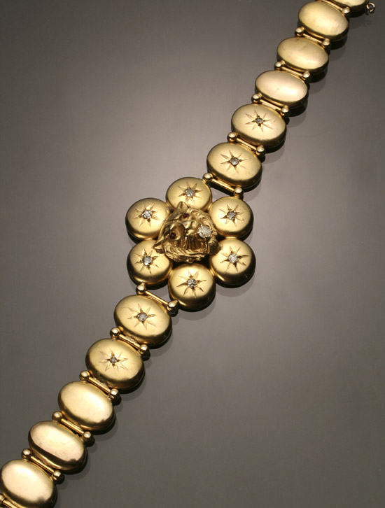 Appraisal: Victorian Tested -Karat Yellow-Gold and Diamond Lion's Head Bracelet Last