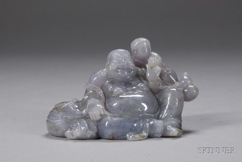 Appraisal: Jade Carving gray stone with lavender markings figure of Hoitei