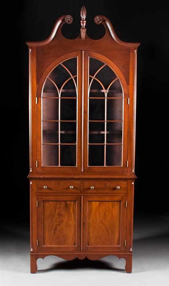 Appraisal: Cabinet-made Federal style mahogany and glazed panel door corner cupboard