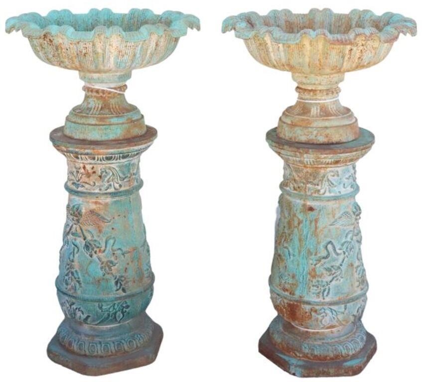 Appraisal: pair Verdigris patinated cast iron garden planters on pedestals having