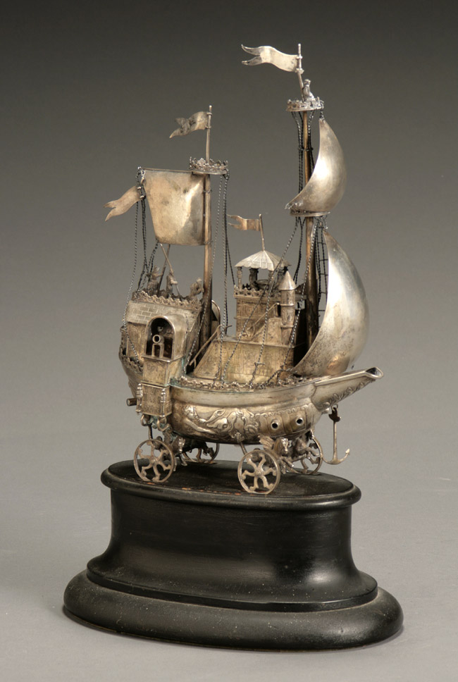 Appraisal: Continental Silver Nef-Form Sauceboat Late th Century The two-masted vessel