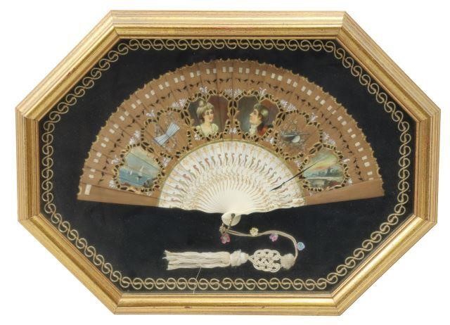 Appraisal: Lady's folding fan in shadowbox frame giltwood frame housing wood