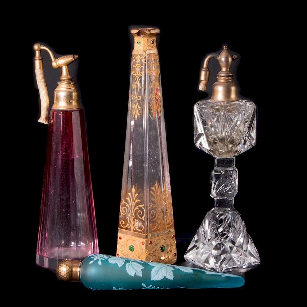 Appraisal: Four Perfume Bottles Two of which are Atomizers Tapering glass