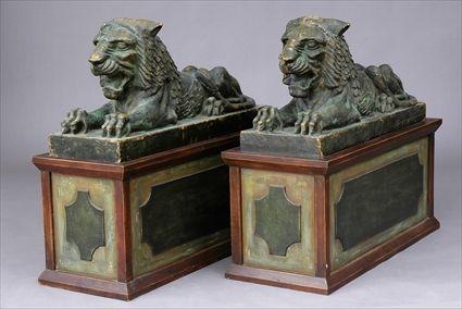 Appraisal: PAIR OF BAROQUE-STYLE VERDIGRIS-PAINTED PAPIER MACHE LIONS ON WOOD PEDESTALS