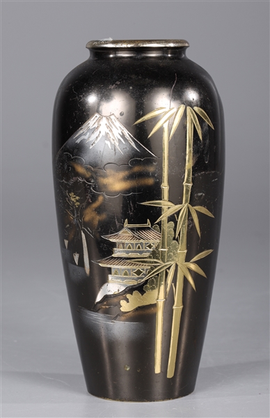 Appraisal: Japanese bronze vase an inlaid scene of Mt Fuji pagoda