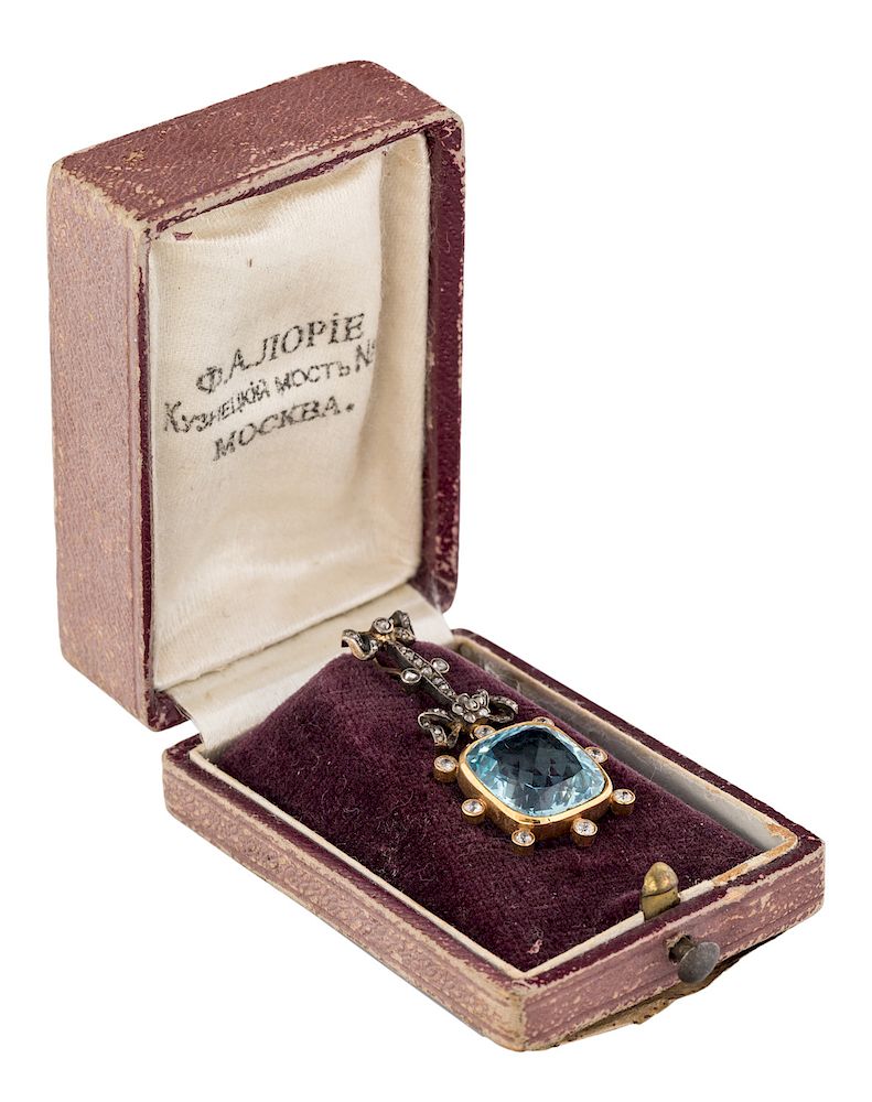 Appraisal: A RUSSIAN GOLD DIAMONDS AND AQUAMARINE PENDANT WORKMASTER FYODOR LORIE