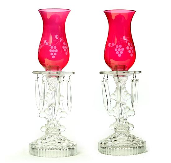 Appraisal: PAIR OF CANDLESTICKS WITH HURRICANE SHADES American late th century