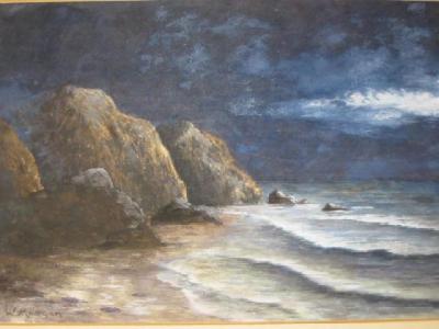 Appraisal: WALTER MEEGAN Moonlit Coastal Scene signed x ebonised frame