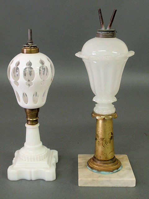 Appraisal: White-cut-to-clear glass fluid lamp th c with a clambroth base