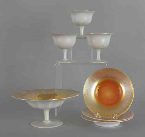 Appraisal: Aurene on calcite tazza together with three saucers and three