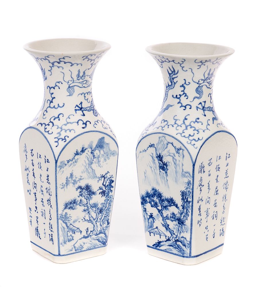 Appraisal: Pair Of Chinese Story Teller Vases Chinese blue and white