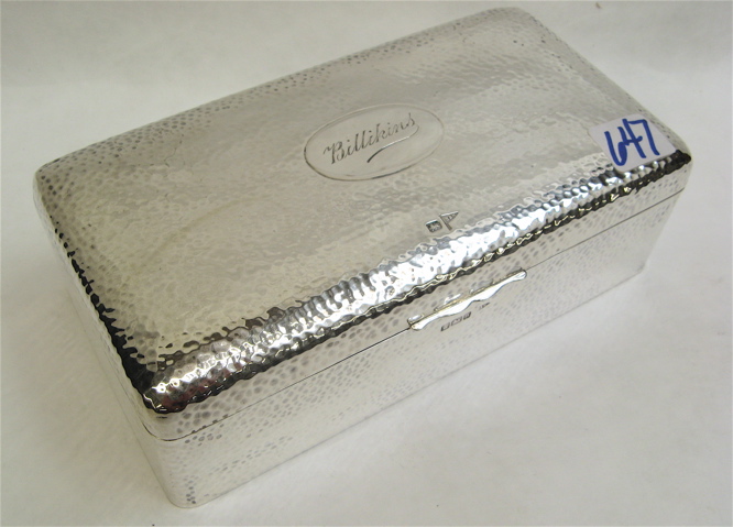 Appraisal: SHEFFIELD STERLING SILVER BOX rectangular having hammered decoration with hinged