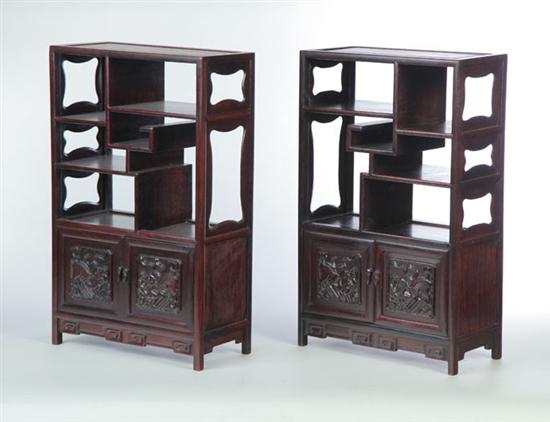 Appraisal: PAIR OF MINIATURE CABINETS Chinaq th century mahogany Open display