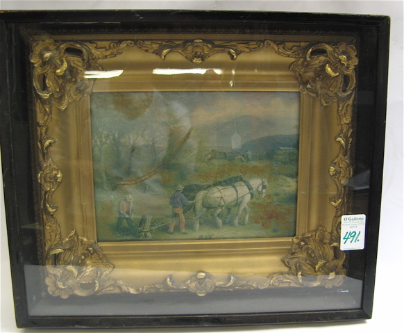 Appraisal: FRAMED PRINT Landscape with two farmers pulling stumps with draft