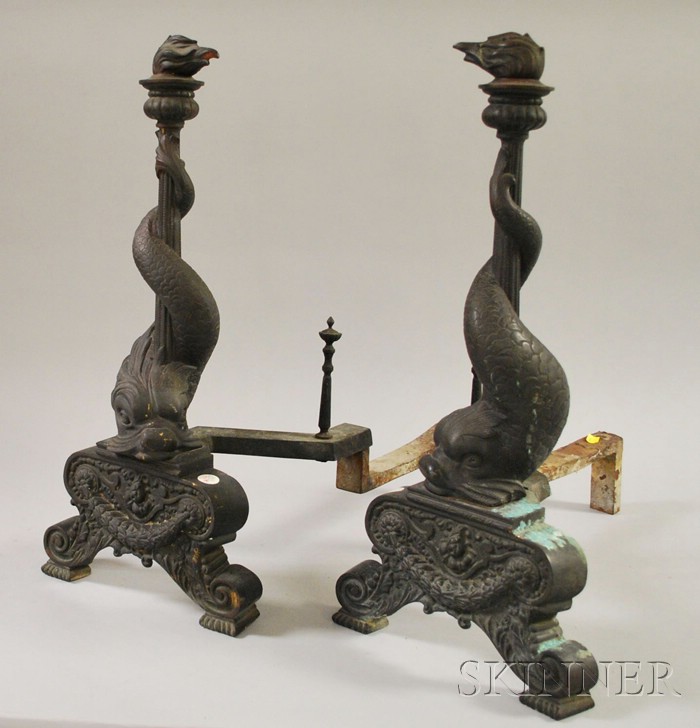 Appraisal: Pair of Black-painted Cast Brass Dolphin and Torch Figural Andirons