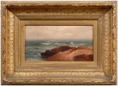 Appraisal: New England coastal painting boats off a rocky coast possibly