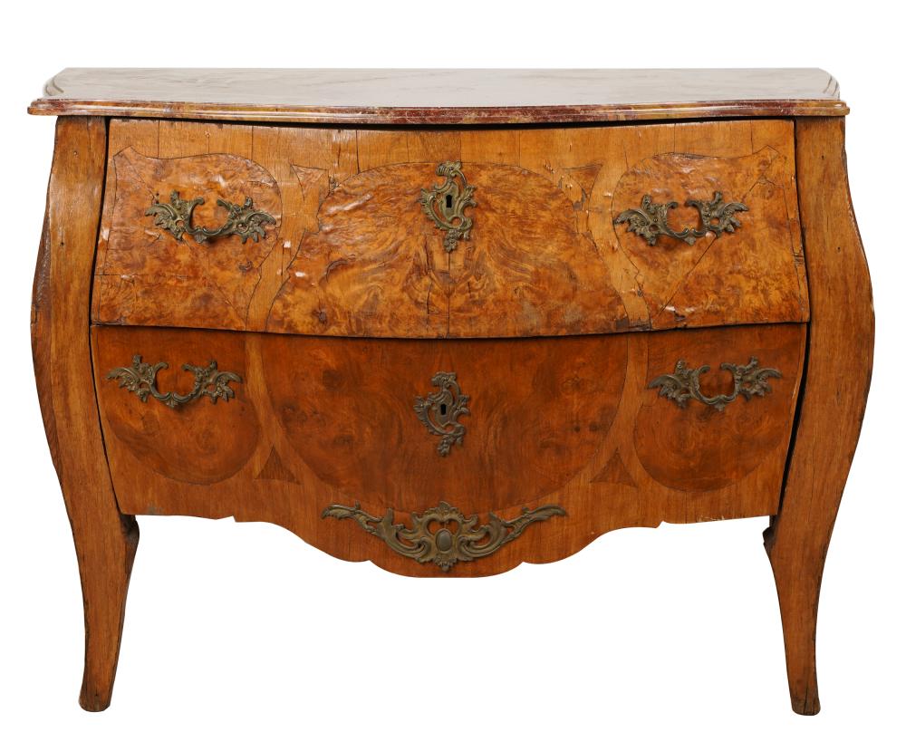 Appraisal: LOUIS XV-STYLE MARBLE-TOP MARQUETRY COMMODE th century with alterations the