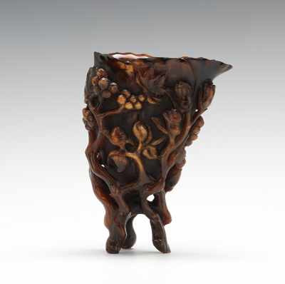 Appraisal: Carved Horn Libation Cup A beautifully carved libation cup decorated