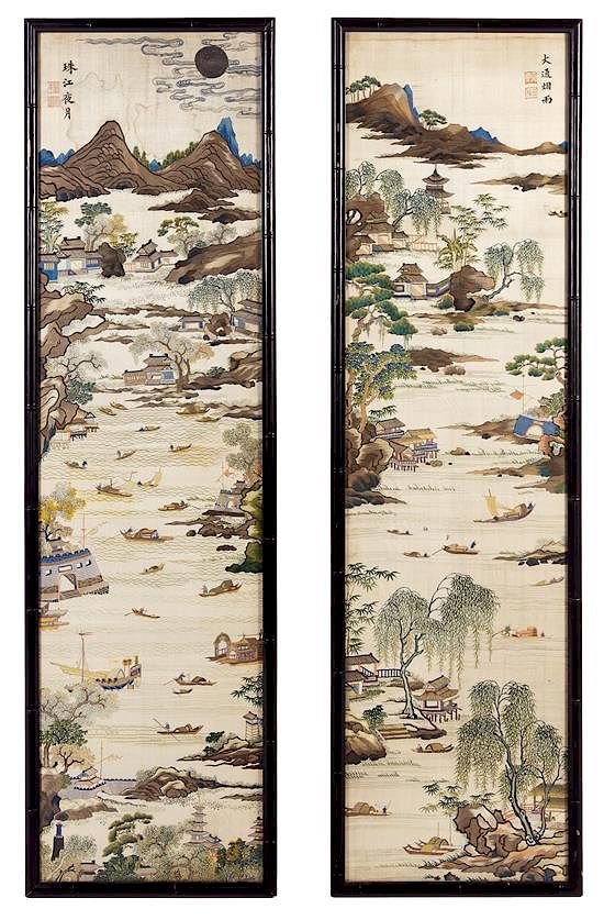 Appraisal: Two Embroidered Silk Panels x inches visible Two Embroidered Silk