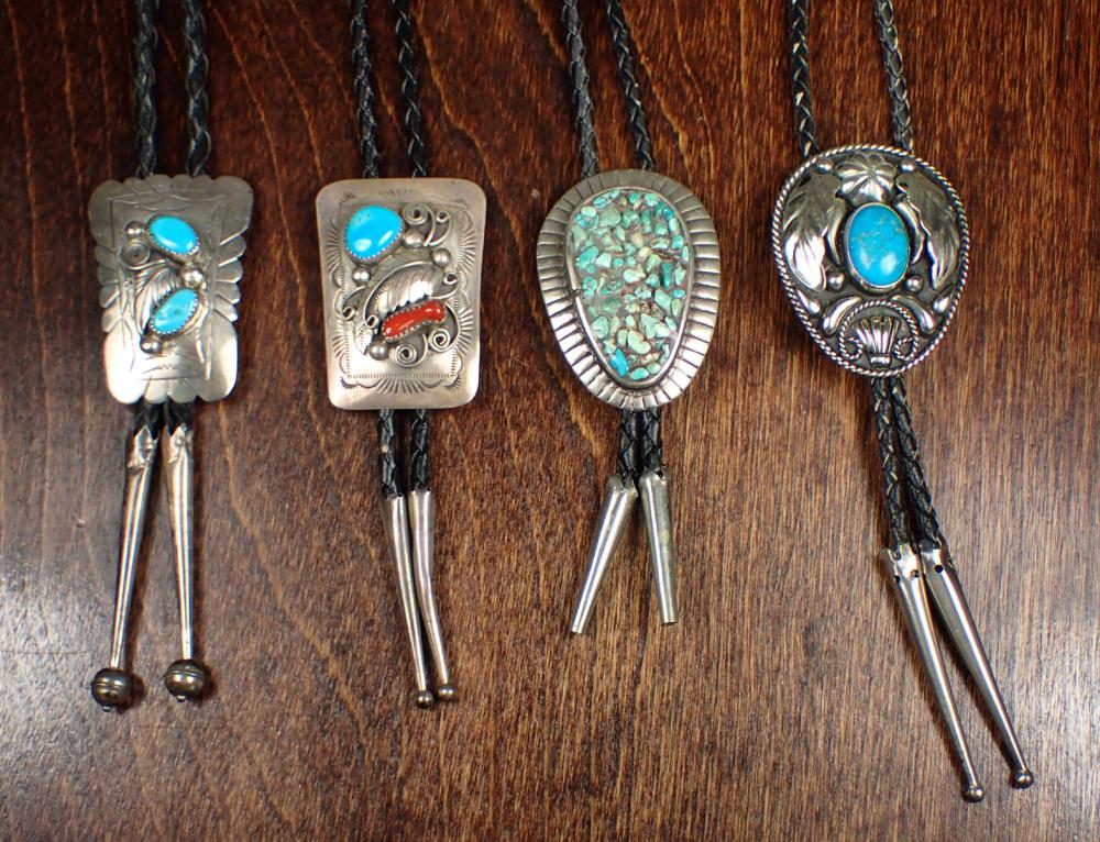 Appraisal: FOUR NATIVE AMERICAN STYLE BOLO TIES two are marked sterling