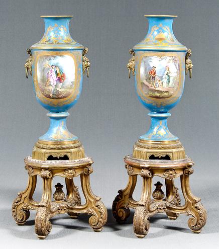 Appraisal: Pair monumental Sevres urns hand painted decoration with fine gilt