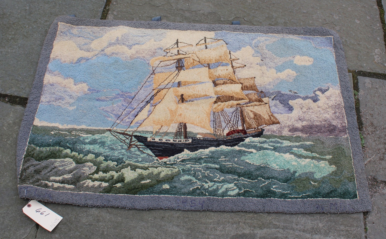 Appraisal: HOOKED RUG PICTORIAL Clipper ship at sea x