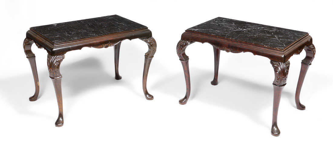 Appraisal: PAIR OF MARBLE TOP SIDE TABLES Black variegated inset marble