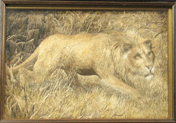 Appraisal: An embroidered panel Framed and glazed depicting a lion x