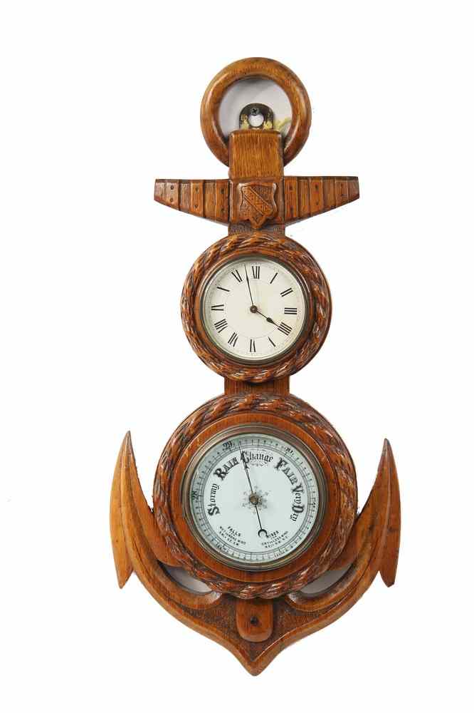 Appraisal: BAROMETER CLOCK - Ca Barometer Clock Combination mounted in Carved