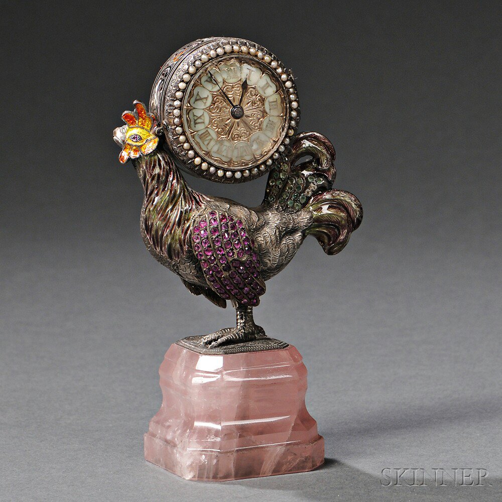 Appraisal: Viennese Silver Enamel Rose Quartz and Gem-set Cockerel-form Clock Austria