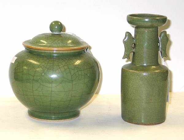 Appraisal: Two green crackle glazed ceramics Including a covered jar of