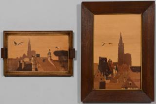 Appraisal: Spindler Marquetry Panels Two French marquetry landscape panels from the