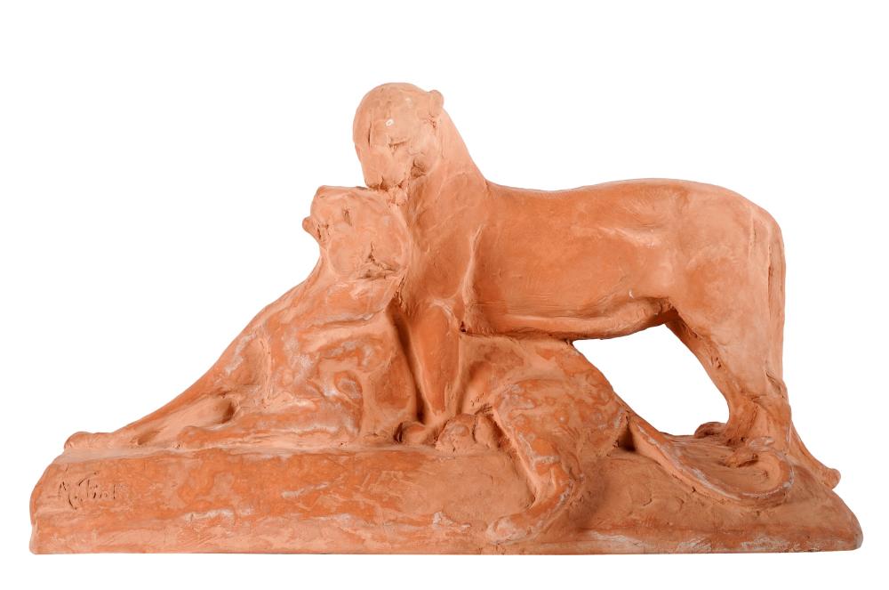 Appraisal: MAXIMILIEN FIOT - PANTHER FIGURAL GROUPterracotta signed to base Dimensions