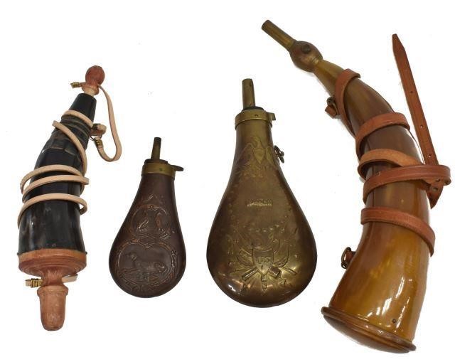 Appraisal: lot of Powder horns and flasks including Italian patinated copper