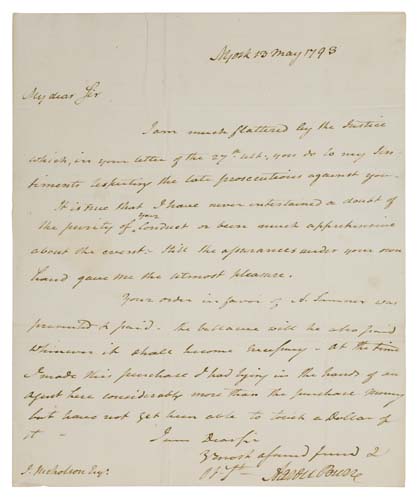 Appraisal: BURR AARON Autograph Letter Signed to John Nicholson a client