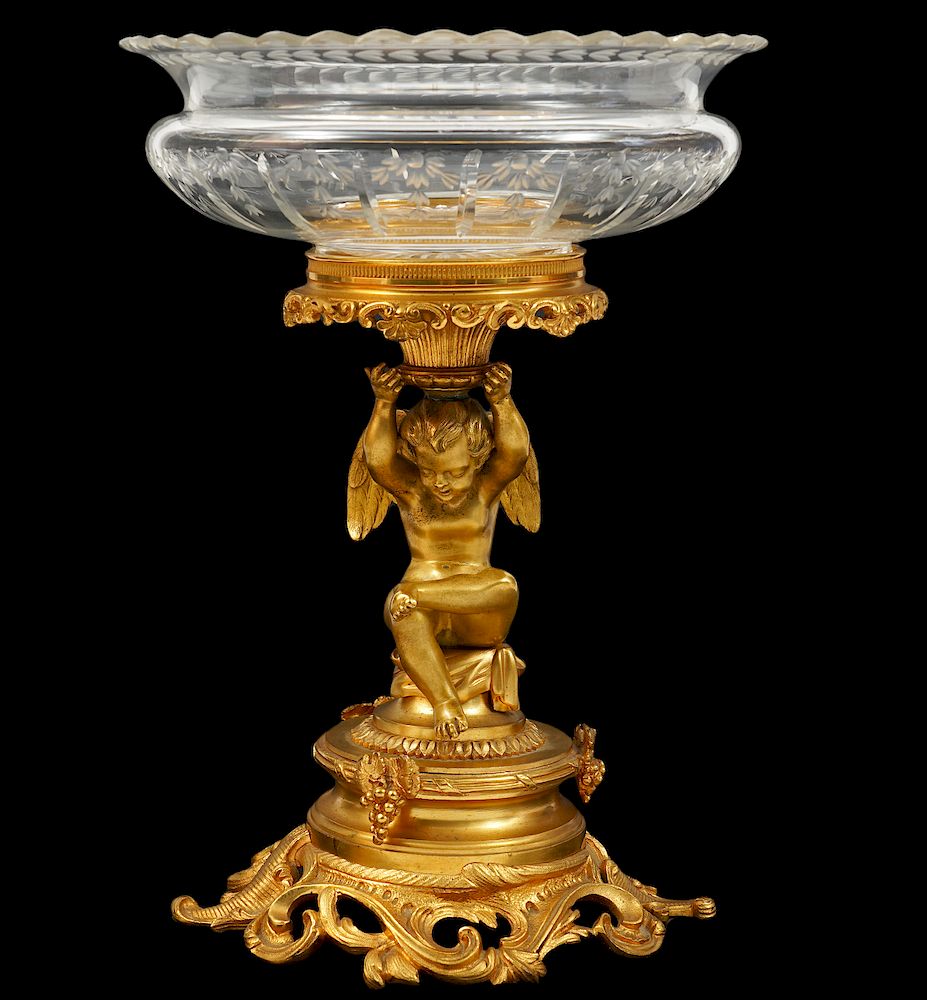 Appraisal: French Gilt Bronze Crystal Putti Compote French gilt bronze compote