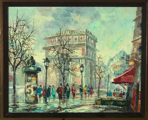 Appraisal: French School Mid- th Century Parisian Street Scene oil on