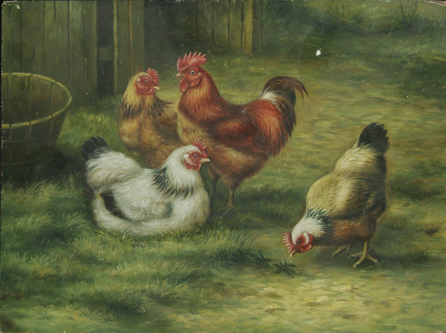 Appraisal: UNSIGNED Late th Century FARMYARD CHICKENS Unsigned oil on board