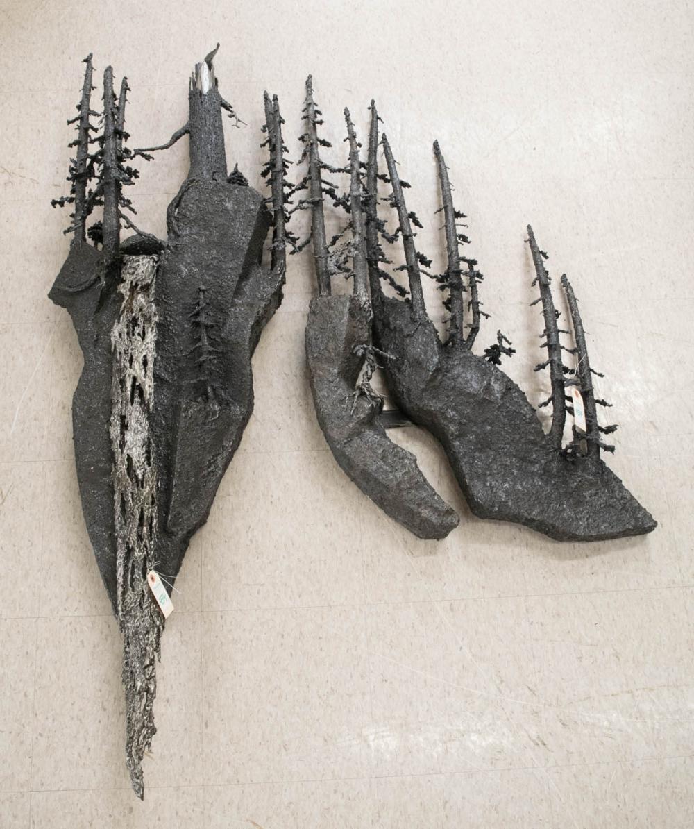 Appraisal: THREE-PIECE METAL WALL SCULPTURE GROUP anonymous Oregon artist evergreen trees