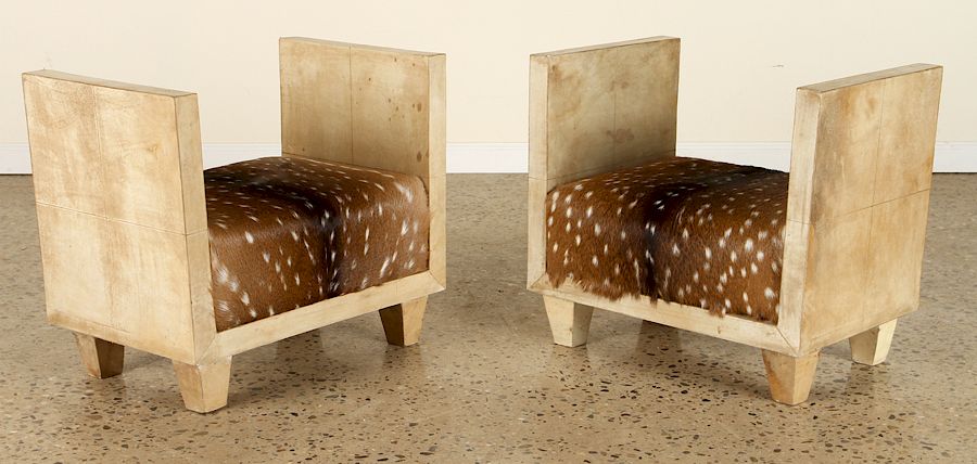 Appraisal: PAIR PARCHMENT BENCHES COVERED IN DEER SKIN A pair of