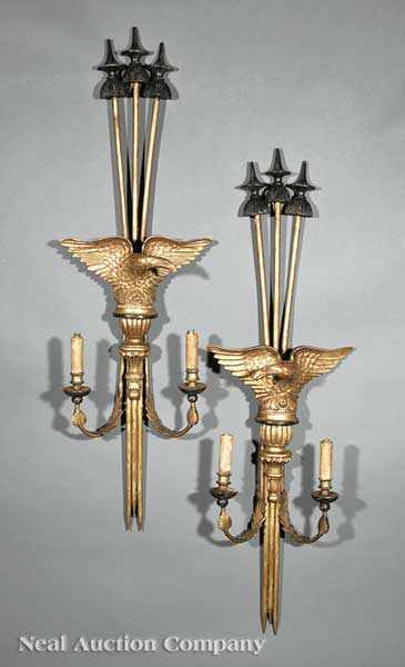 Appraisal: A Pair of Continental Giltwood Two-Light Sconces each backplate with