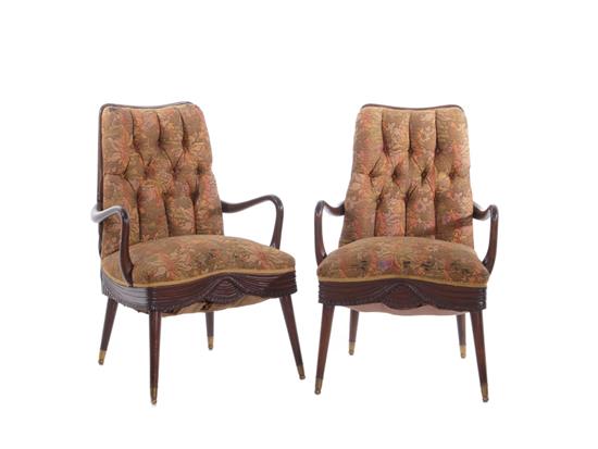 Appraisal: Pair Mid-Century carved mahogany upholstered armchairs circa BH SH W