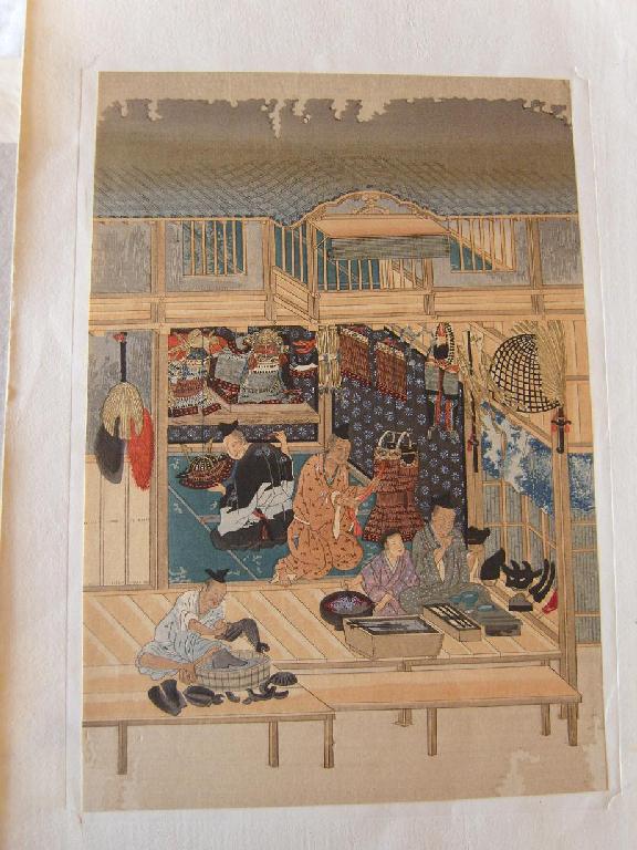 Appraisal: Three th century Japanese woodcuts showing group activities - Dochu