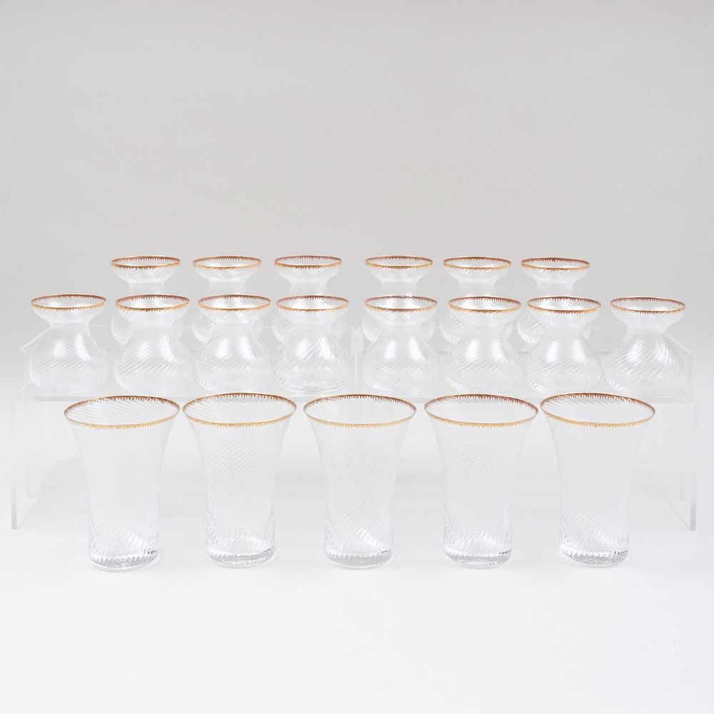 Appraisal: Group of Ribbed Glass Table Vases with Gilt Rims Comprising